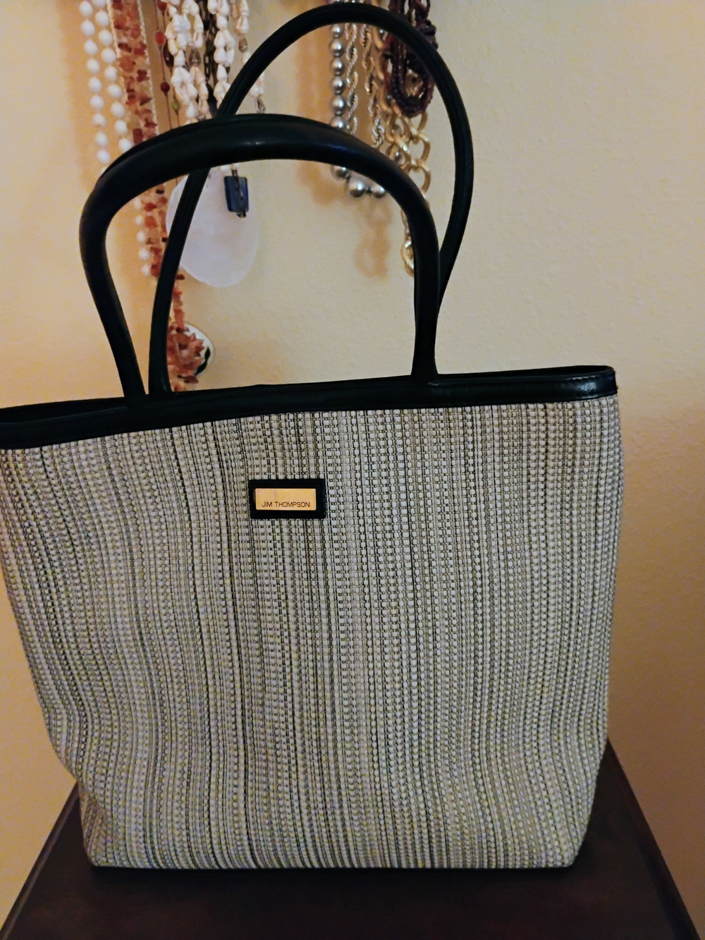 Thompson Black and Cream Woven Tote with Gold Plaque